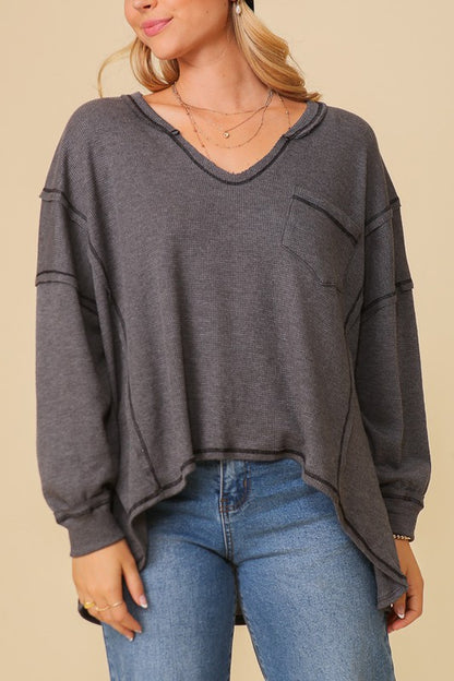 Thermal high low v-neck oversized top