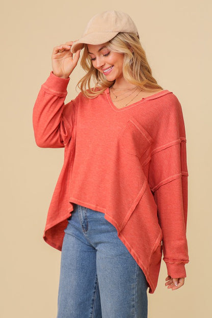 Thermal high low v-neck oversized top