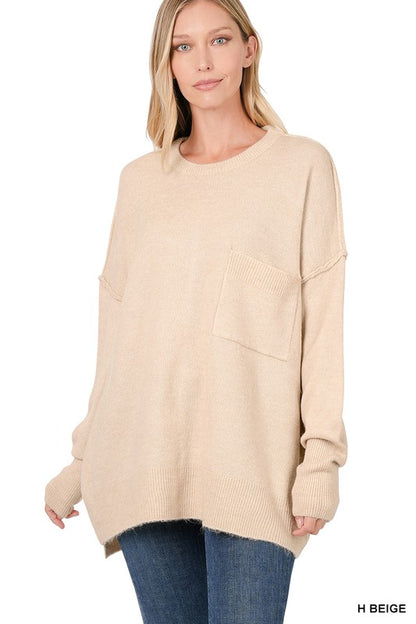 MELANGE HI-LOW HEM POCKET SWEATER