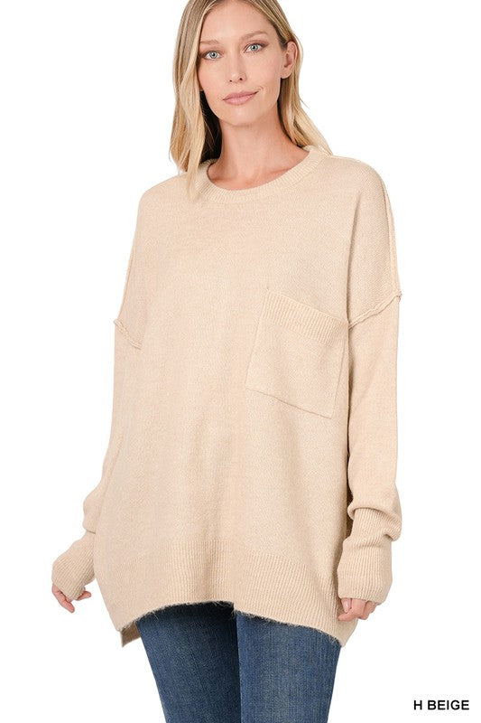 MELANGE HI-LOW HEM POCKET SWEATER