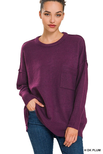 MELANGE HI-LOW HEM POCKET SWEATER