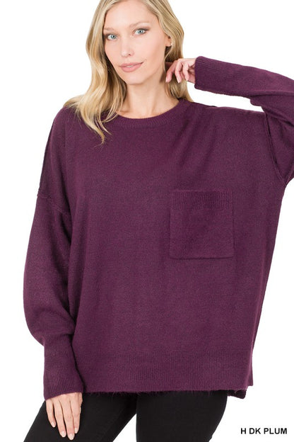 MELANGE HI-LOW HEM POCKET SWEATER