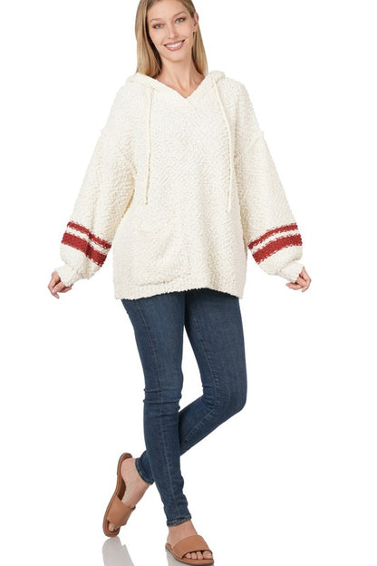 HOODED FRONT POCKET POPCORN SWEATER