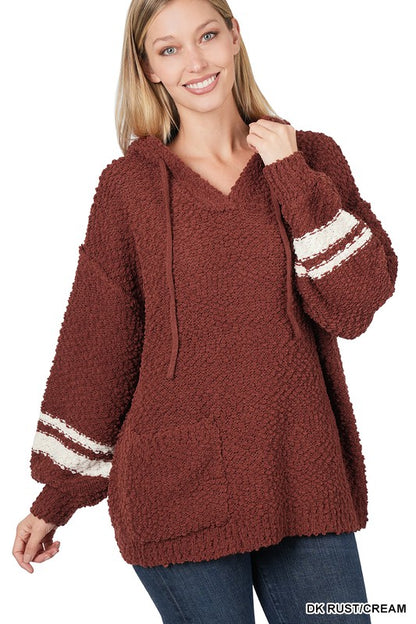 HOODED FRONT POCKET POPCORN SWEATER