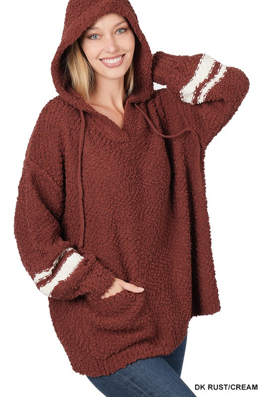 HOODED FRONT POCKET POPCORN SWEATER