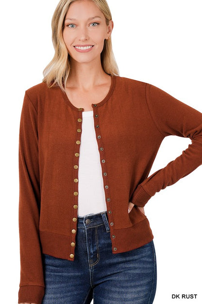 CREW NECK SNAP BUTTON SOFT SWEATER CARDIGAN