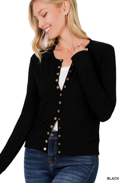 CREW NECK SNAP BUTTON SOFT SWEATER CARDIGAN