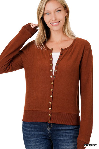 CREW NECK SNAP BUTTON SOFT SWEATER CARDIGAN