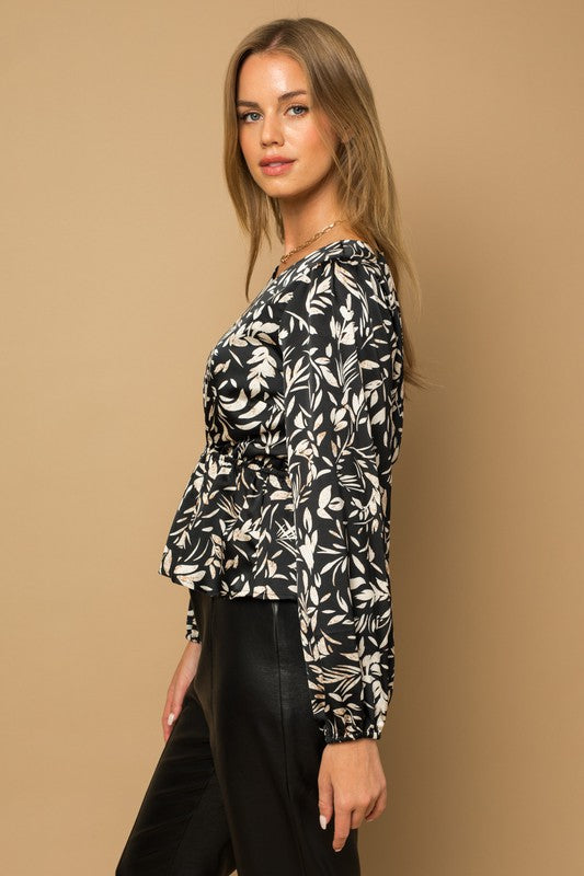 long sleeve Back Tie Peplum Floral Top