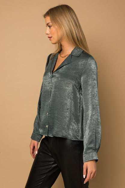 Button Down Satin Blouse Top