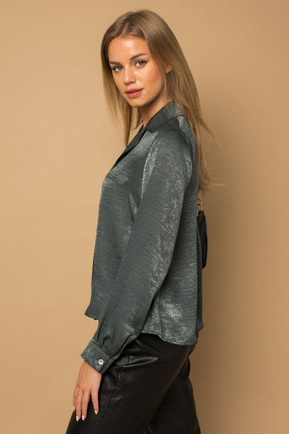 Button Down Satin Blouse Top