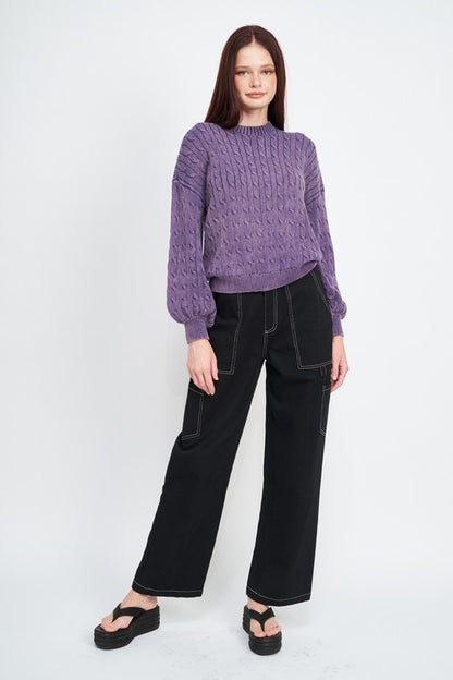 CABLE KNIT TOP WITH BUBBLE SLEEVES