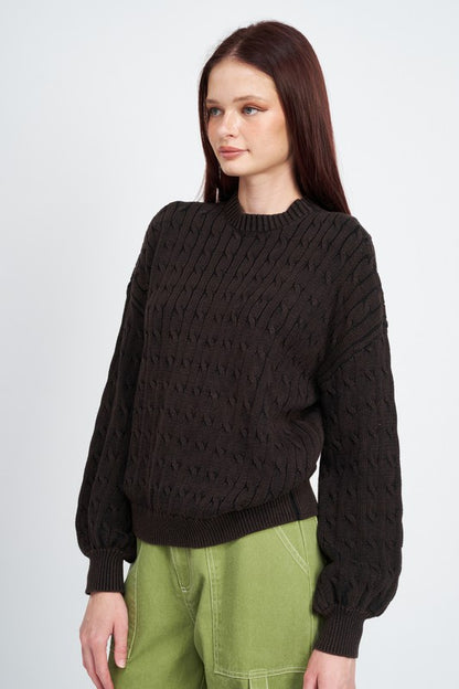 CABLE KNIT TOP WITH BUBBLE SLEEVES