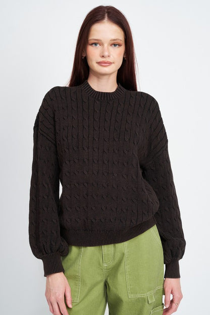 CABLE KNIT TOP WITH BUBBLE SLEEVES