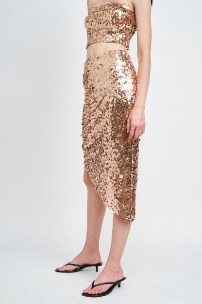 SEQUIN SHIRRED MIDI SKIRT