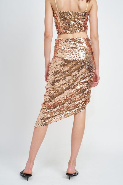 SEQUIN SHIRRED MIDI SKIRT