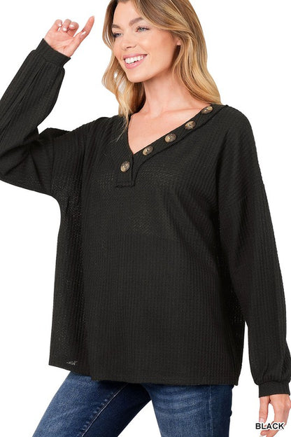 BRUSHED WAFFLE V-NECK BUTTON DETAIL SWEATER