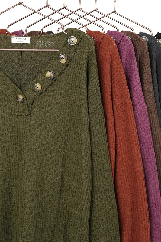 BRUSHED WAFFLE V-NECK BUTTON DETAIL SWEATER