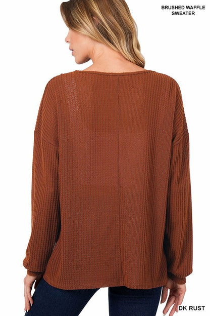 BRUSHED WAFFLE V-NECK BUTTON DETAIL SWEATER