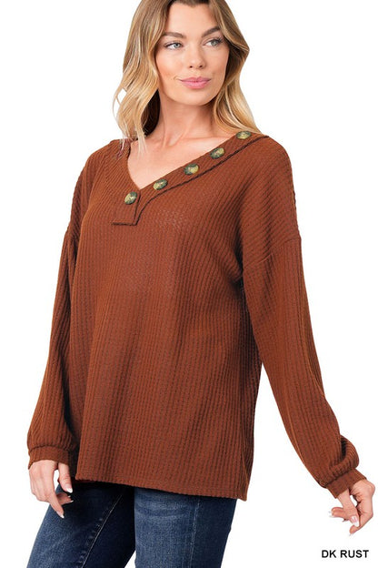 BRUSHED WAFFLE V-NECK BUTTON DETAIL SWEATER