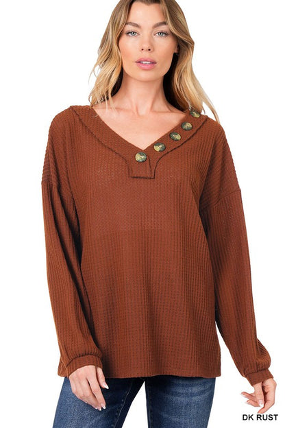 BRUSHED WAFFLE V-NECK BUTTON DETAIL SWEATER