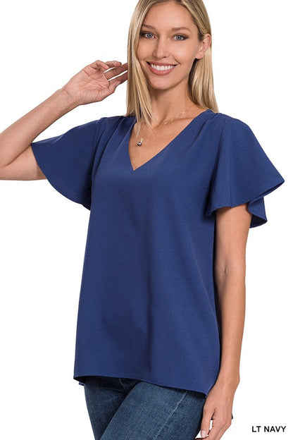 WOVEN FLUTTER SLEEVE V-NECK TOP