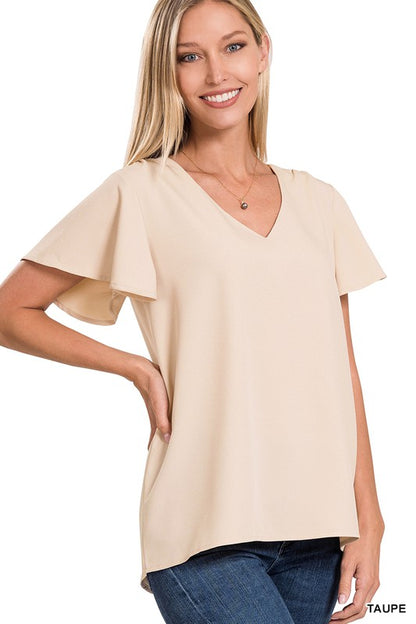 WOVEN FLUTTER SLEEVE V-NECK TOP