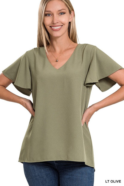 WOVEN FLUTTER SLEEVE V-NECK TOP