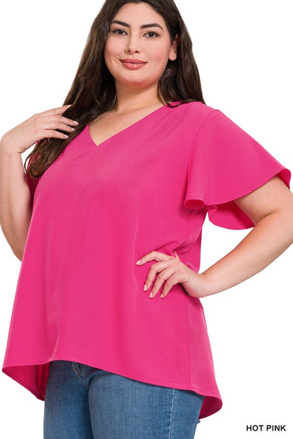 WOVEN FLUTTER SLEEVE V-NECK TOP