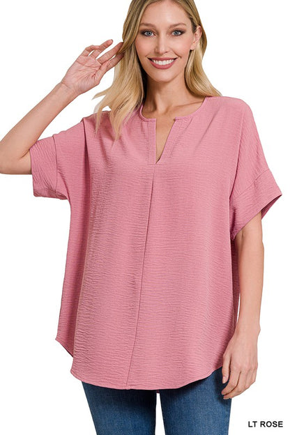 WOVEN AIRFLOW SPLIT NECK SHORT SLEEVE TOP