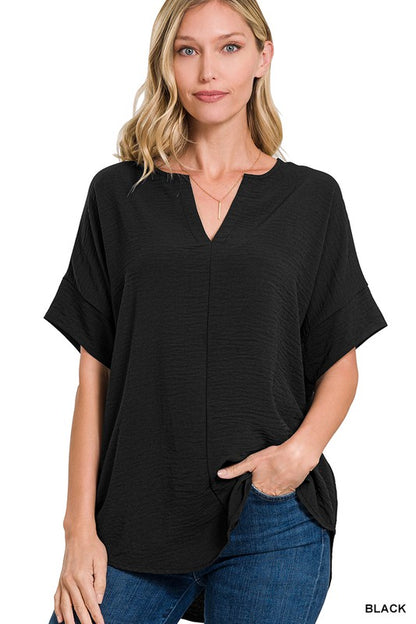 WOVEN AIRFLOW SPLIT NECK SHORT SLEEVE TOP