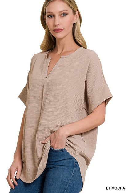 WOVEN AIRFLOW SPLIT NECK SHORT SLEEVE TOP