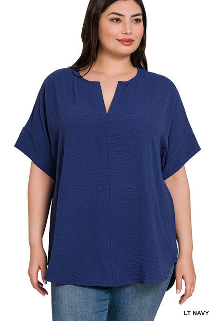 WOVEN AIRFLOW SPLIT NECK SHORT SLEEVE TOP