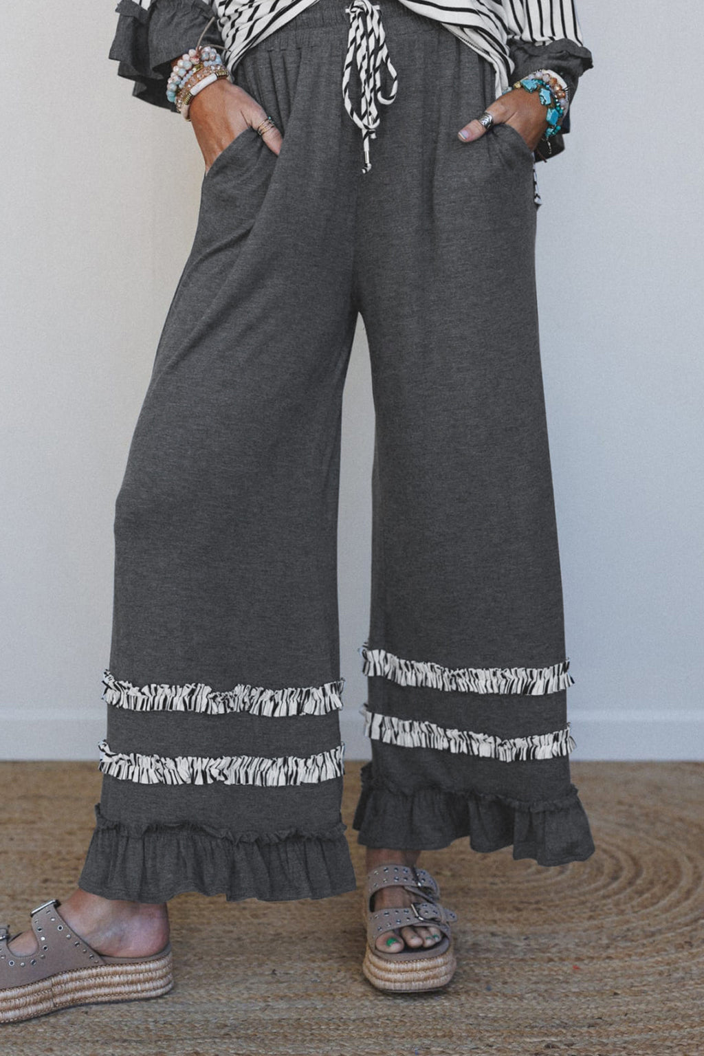 Gray Stripe V Neck Ruffle Contrast Sleeve Top Drawstring Pants 2pcs Set