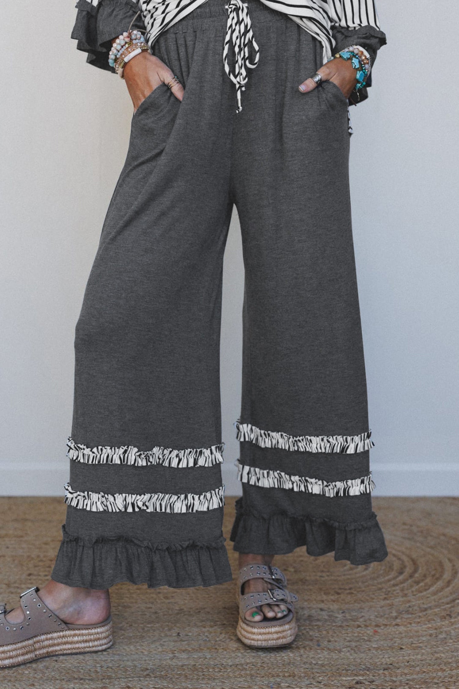 Gray Stripe V Neck Ruffle Contrast Sleeve Top Drawstring Pants 2pcs Set