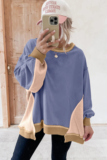 Wild Wind Colorblock Waffle Patchwork Oversize Sweatshirt