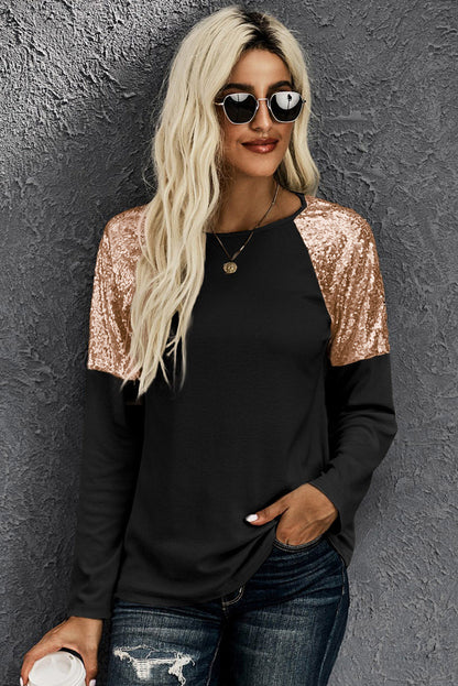 Black and Gold Raglan Sleeve Sequin Top Pullover Long Sleeve Shirt