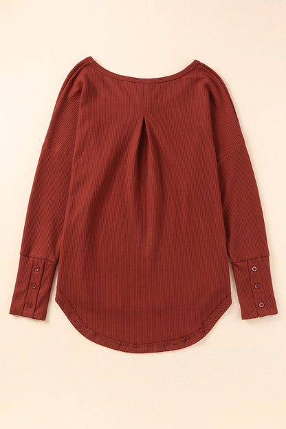 Red Waffle Knit Patchwork Casual Long Sleeve Top