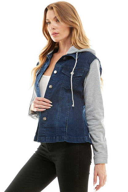 Spandex Ladies Denim Jacket with  Fleece Hoodie