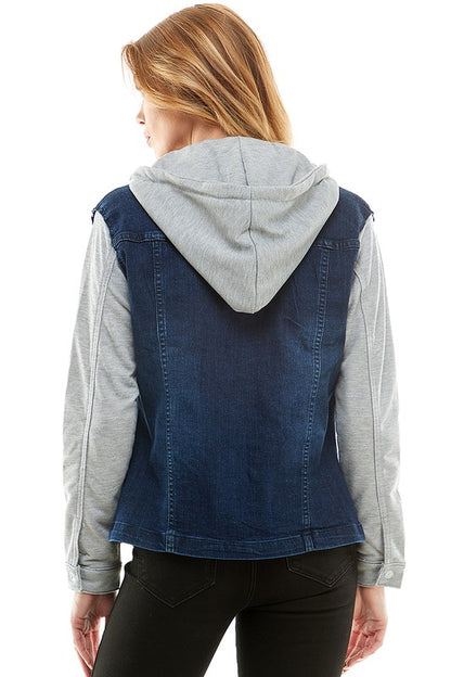 Spandex Ladies Denim Jacket with  Fleece Hoodie