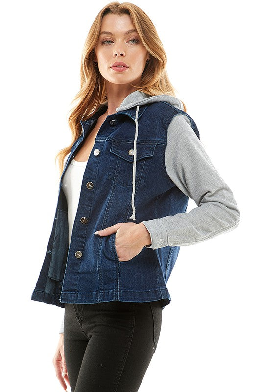 Spandex Ladies Denim Jacket with  Fleece Hoodie