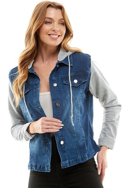 Spandex Ladies Denim Jacket with  Fleece Hoodie