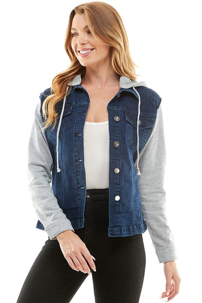 Spandex Ladies Denim Jacket with  Fleece Hoodie