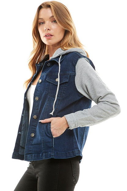 Spandex Ladies Denim Jacket with  Fleece Hoodie