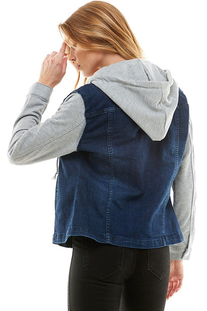 Spandex Ladies Denim Jacket with  Fleece Hoodie