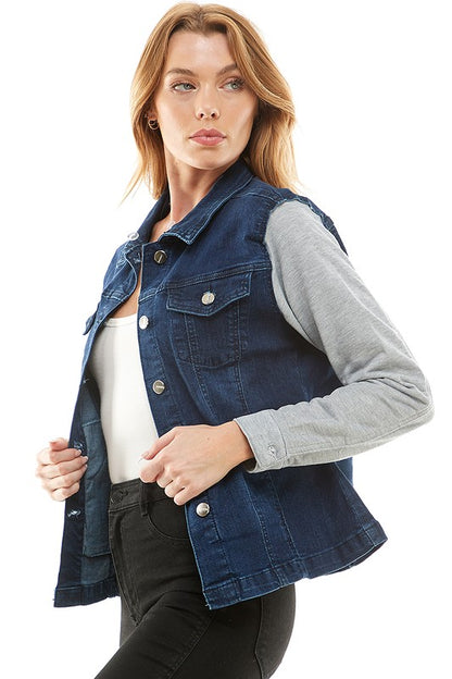 Spandex Ladies Denim Jacket with  Fleece Hoodie