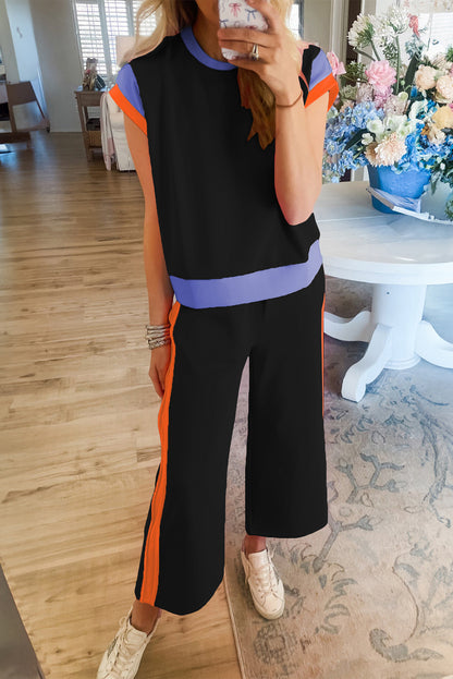 Black Colorblock Cap Sleeve Tee and Wide Leg Pants Set