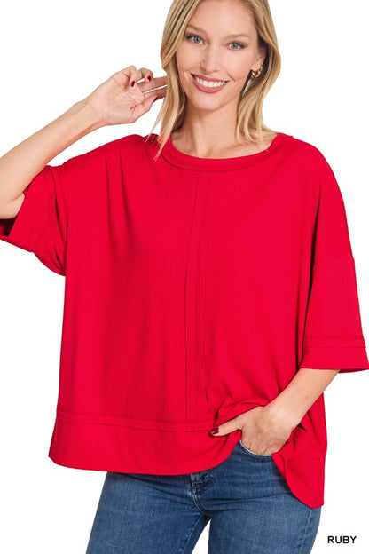 RIBBED BOAT NECK DOLMAN SLEEVE TOP W FRONT SEAM