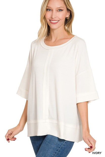 RIBBED BOAT NECK DOLMAN SLEEVE TOP W FRONT SEAM