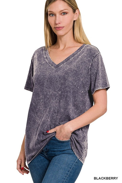 WASHED SHORT SLEEVE V-NECK TOP